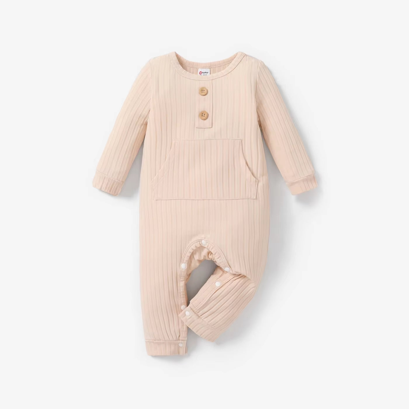 Baby Boy/Girl Solid Ribbed Long-Sleeve Jumpsuit with Pocket Soft and Comfortable Perfect for Outings Basic Style